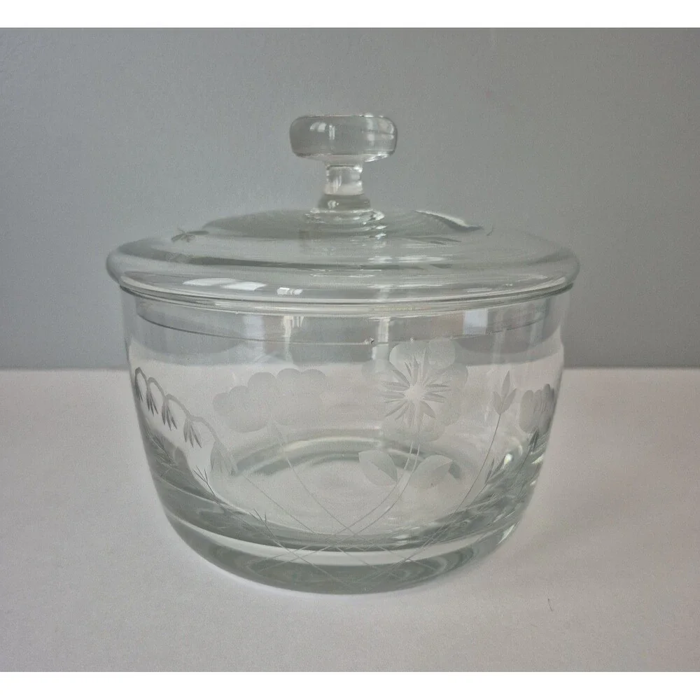 VTG Princess House Heritage Crystal Etched Floral Covered Dishes Bowls Set of 2